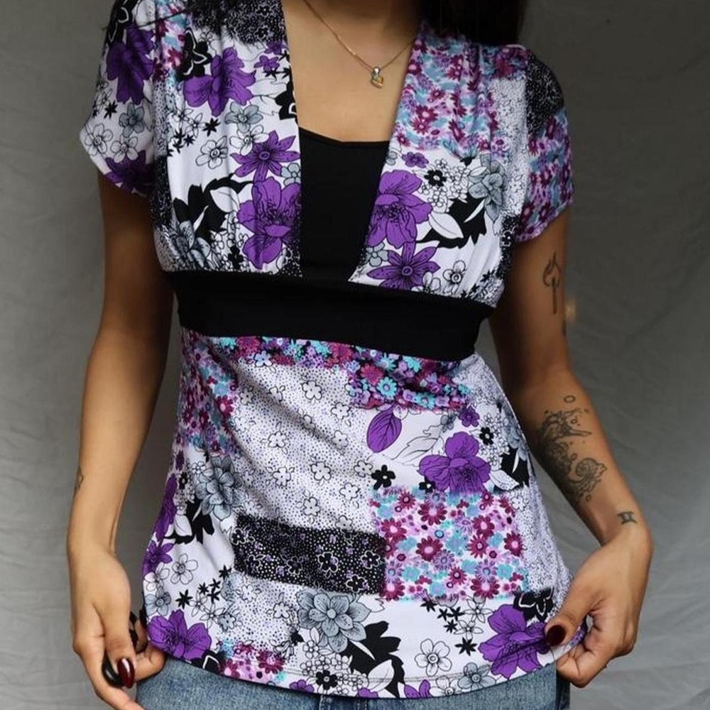 2000s Purple Patchwork Floral Babydoll Top